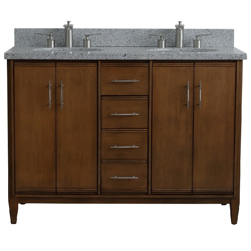 BELLATERRA 400901-49D-WA-GYO MCM 49 INCH DOUBLE SINK VANITY WITH GRAY GRANITE TOP AND OVAL BASINS - WALNUT