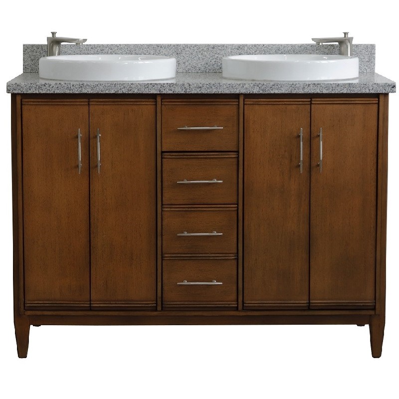 BELLATERRA 400901-49D-WA-GYRD MCM 49 INCH DOUBLE SINK VANITY WITH GRAY GRANITE TOP AND ROUND BASINS - WALNUT