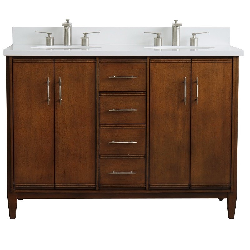 BELLATERRA 400901-49D-WA-WEO MCM 49 INCH DOUBLE SINK VANITY WITH WHITE QUARTZ TOP AND OVAL BASINS - WALNUT