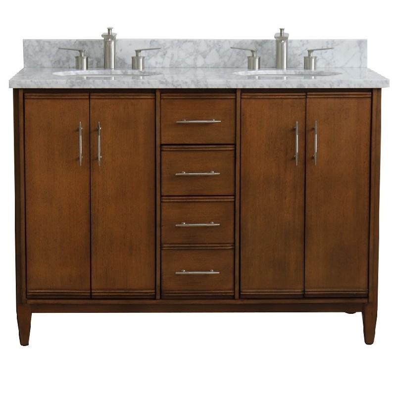 BELLATERRA 400901-49D-WA-WMO MCM 49 INCH DOUBLE SINK VANITY WITH WHITE CARRARA MARBLE TOP AND OVAL BASINS - WALNUT