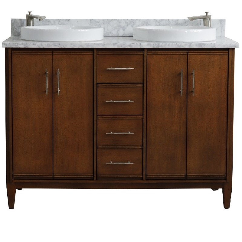 BELLATERRA 400901-49D-WA-WMRD MCM 49 INCH DOUBLE SINK VANITY WITH WHITE CARRARA MARBLE TOP AND ROUND BASINS - WALNUT