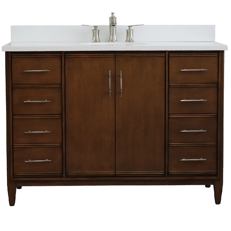 BELLATERRA 400901-49S-WA-WEO MCM 49 INCH SINGLE SINK VANITY WITH WHITE QUARTZ TOP AND OVAL BASIN - WALNUT