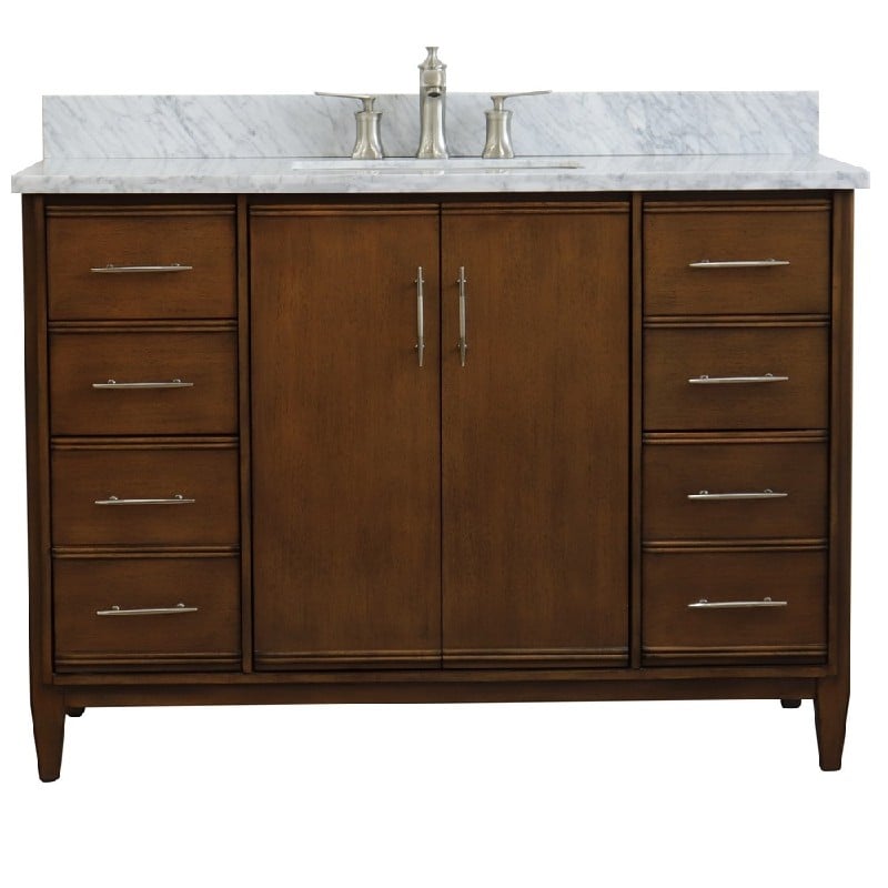 BELLATERRA 400901-49S-WA-WMR MCM 49 INCH SINGLE SINK VANITY WITH WHITE CARRARA MARBLE TOP AND RECTANGULAR BASIN - WALNUT