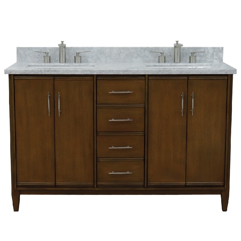 BELLATERRA 400901-55D-WMR MCM 55 INCH DOUBLE VANITY WITH WHITE CARRARA MARBLE TOP AND RECTANGULAR BASINS - WALNUT
