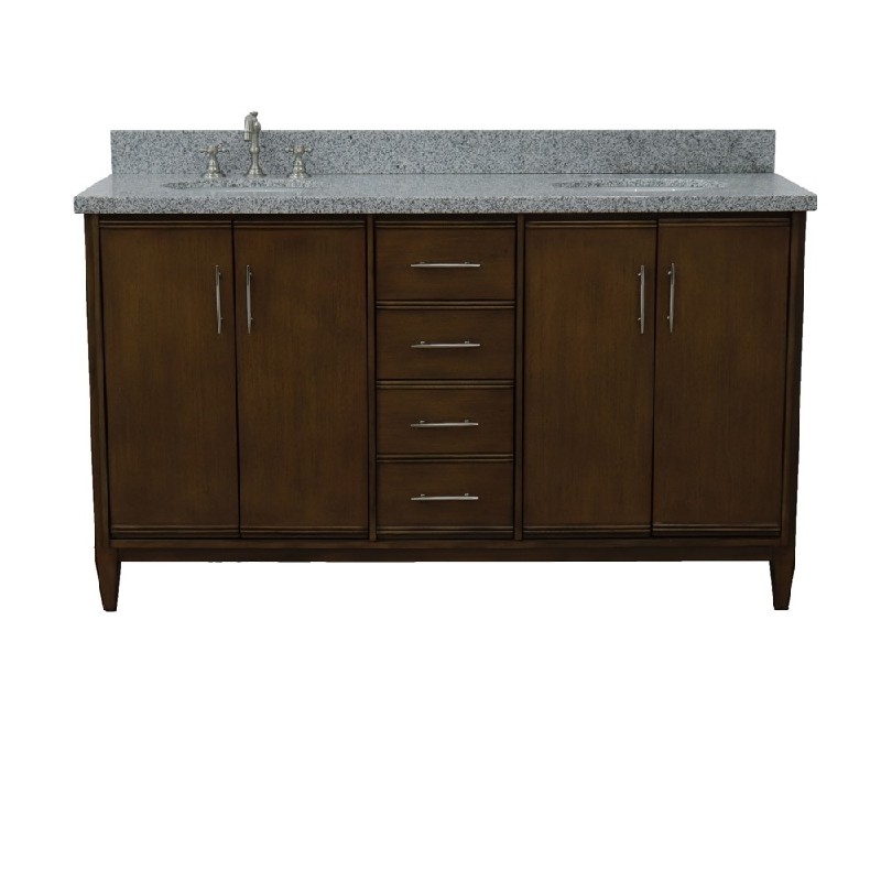 BELLATERRA 400901-61D-WA-GYO MCM 61 INCH DOUBLE SINK VANITY WITH GRAY GRANITE TOP AND OVAL BASINS - WALNUT