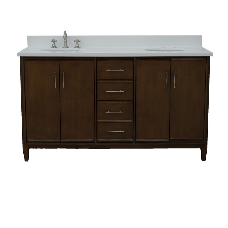 BELLATERRA 400901-61D-WA-WEO MCM 61 INCH DOUBLE SINK VANITY WITH WHITE QUARTZ TOP AND OVAL BASINS - WALNUT