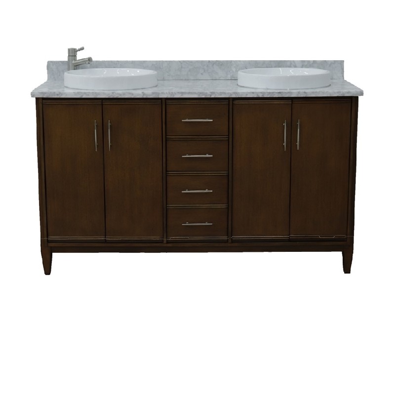 BELLATERRA 400901-61D-WA-WMRD MCM 61 INCH DOUBLE SINK VANITY WITH WHITE CARRARA MARBLE TOP AND ROUND BASINS - WALNUT