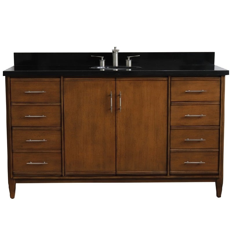 BELLATERRA 400901-61S-WA-BGO MCM 61 INCH SINGLE SINK VANITY WITH BLACK GALAXY GRANITE TOP AND OVAL BASIN - WALNUT