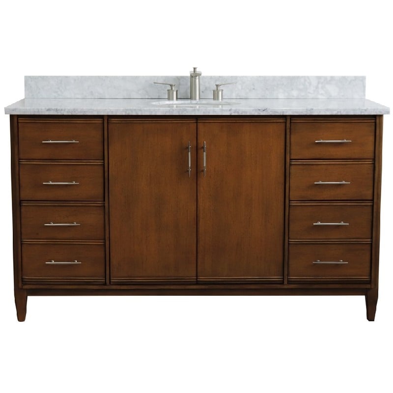 BELLATERRA 400901-61S-WA-WMO MCM 61 INCH SINGLE SINK VANITY WITH WHITE CARRARA MARBLE TOP AND OVAL BASIN - WALNUT