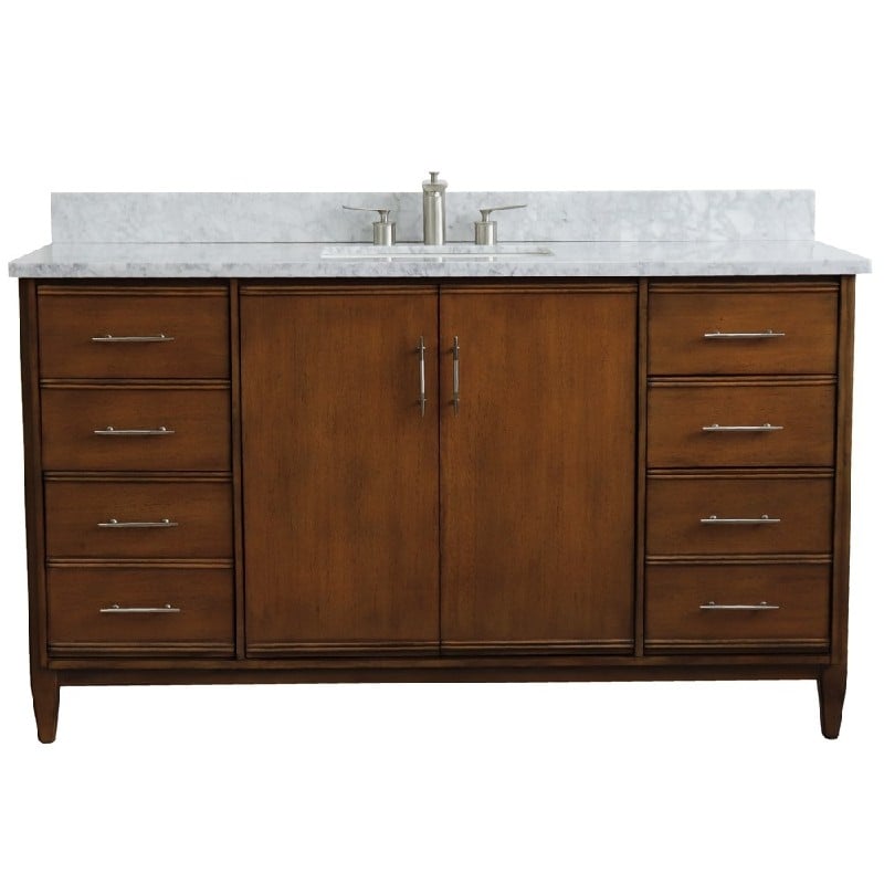 BELLATERRA 400901-61S-WA-WMR MCM 61 INCH SINGLE SINK VANITY WITH WHITE CARRARA MARBLE TOP AND RECTANGULAR BASIN - WALNUT