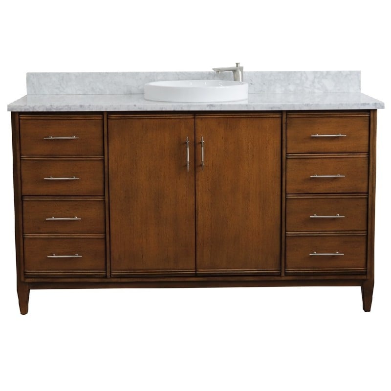 BELLATERRA 400901-61S-WA-WMRD MCM 61 INCH SINGLE SINK VANITY WITH WHITE CARRARA MARBLE TOP AND ROUND BASIN - WALNUT