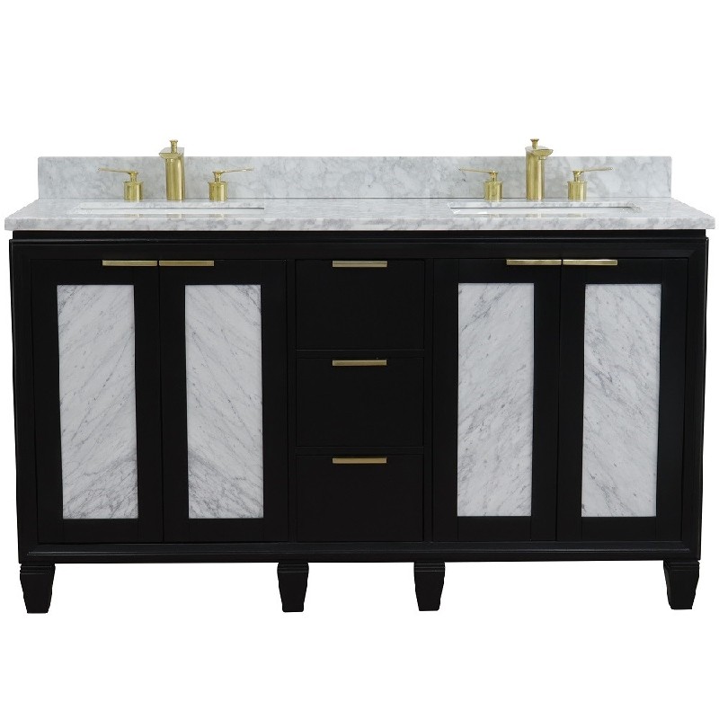 BELLATERRA 400990-61D-WMR TRENTO 61 INCH DOUBLE SINK VANITY WITH WHITE CARRARA MARBLE TOP AND RECTANGULAR BASINS