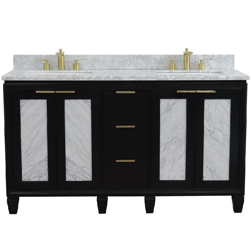 BELLATERRA 400990-61D-WMR TRENTO 61 INCH DOUBLE SINK VANITY WITH WHITE CARRARA MARBLE TOP AND RECTANGULAR BASINS