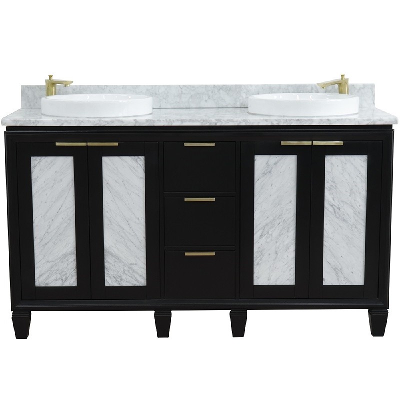 BELLATERRA 400990-61D-WMRD TRENTO 61 INCH DOUBLE SINK VANITY WITH WHITE CARRARA MARBLE TOP AND ROUND BASINS