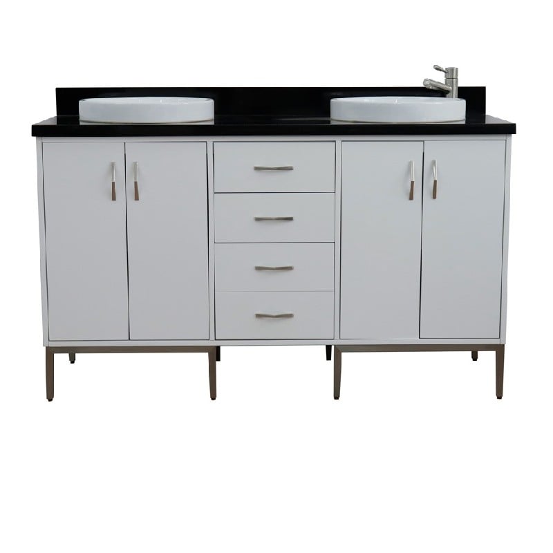 BELLATERRA 408001-61D-WH-BGRD TIVOLI 61 INCH DOUBLE SINK VANITY WITH BLACK GALAXY GRANITE TOP AND ROUND BASINS - WHITE