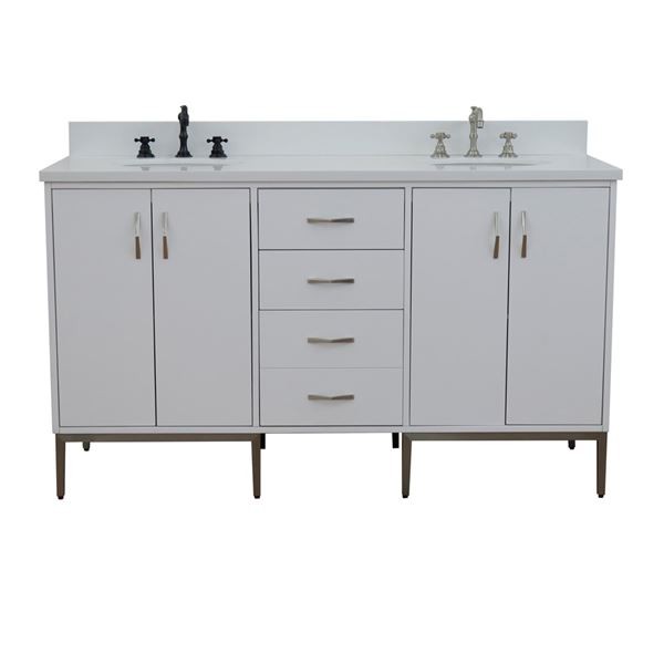 BELLATERRA 408001-61D-WH-WEO TIVOLI 61 INCH DOUBLE SINK VANITY WITH WHITE QUARTZ TOP AND OVAL BASINS - WHITE