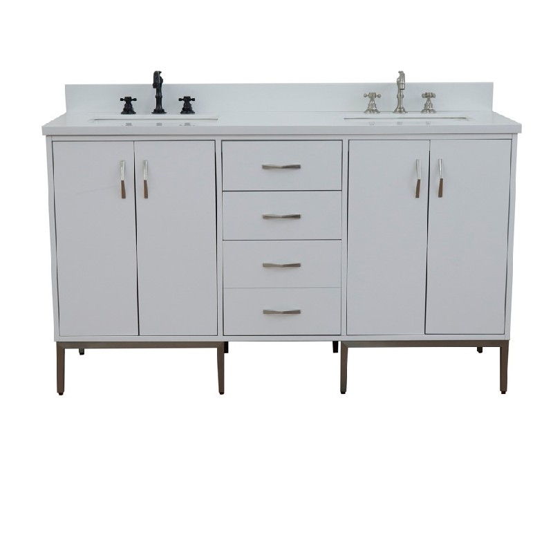 BELLATERRA 408001-61D-WH-WER TIVOLI 61 INCH DOUBLE SINK VANITY WITH WHITE QUARTZ TOP AND RECTANGULAR BASINS - WHITE