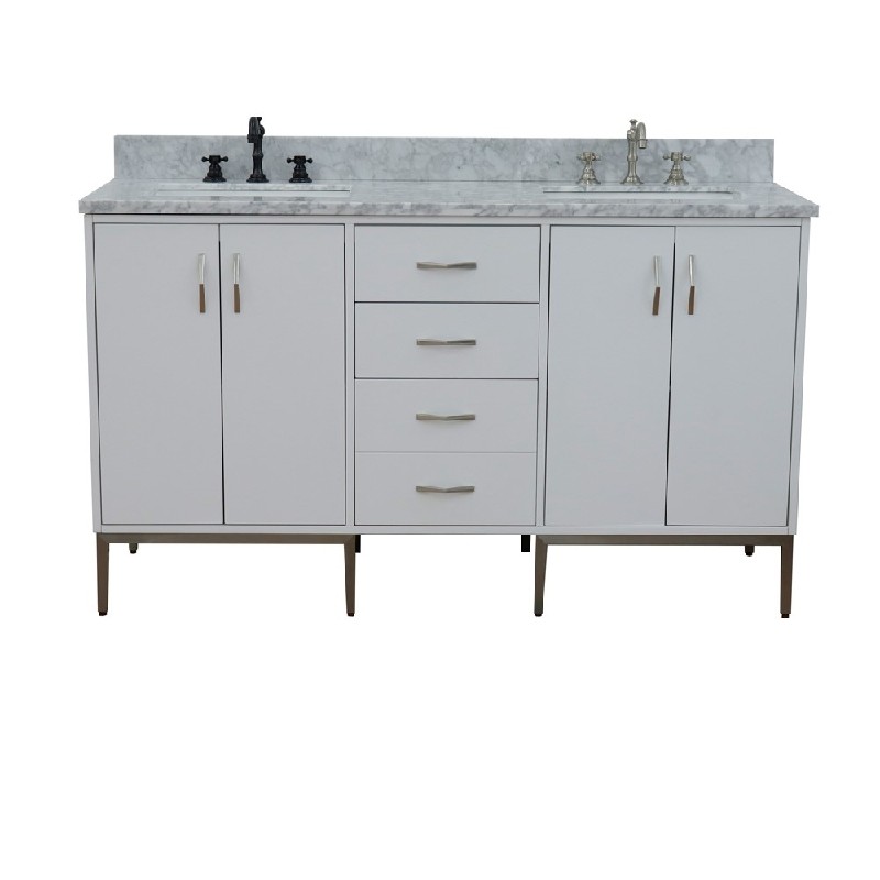 BELLATERRA 408001-61D-WH-WMR TIVOLI 61 INCH DOUBLE SINK VANITY WITH WHITE CARRARA MARBLE TOP AND RECTANGULAR BASINS - WHITE