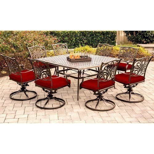 HANOVER TRAD9PCSWSQ8 TRADITIONS 9-PIECE DINING SET WITH 8 SWIVEL CHAIR AND 60 INCH SQUARE CAST-TOP TABLE