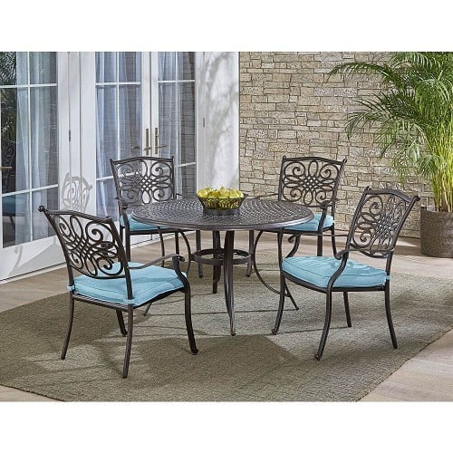 HANOVER TRADDN5PC-BLU TRADITIONS 5-PIECE DINING SET IN BLUE WITH STATIONARY DINING CHAIRS AND 48 INCH ROUND CAST-TOP TABLE