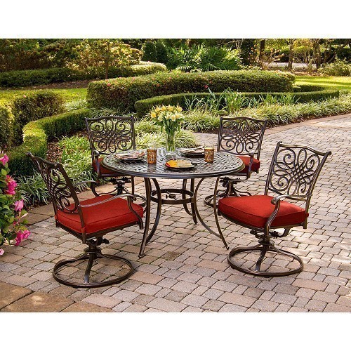HANOVER TRADDN5PCSW TRADITIONS 5-PIECE DINING SET WITH 4 SWIVEL ROCKERS AND 48 INCH ROUND CAST-TOP TABLE