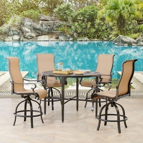 HANOVER BRIGDN5PCBR BRIGANTINE 5-PIECE OUTDOOR HIGH-DINING SET WITH 4 CONTOURED-SLING SWIVEL CHAIRS AND 50 INCH ROUND CAST-TOP TABLE