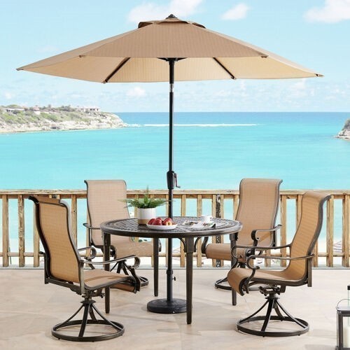 HANOVER BRIGDN5PCSWRD-SU BRIGANTINE 5-PIECE OUTDOOR DINING SET WITH 4 SLING SWIVEL ROCKERS, 50 INCH ROUND CAST-TOP TABLE, 9 FEET UMBRELLA AND BASE