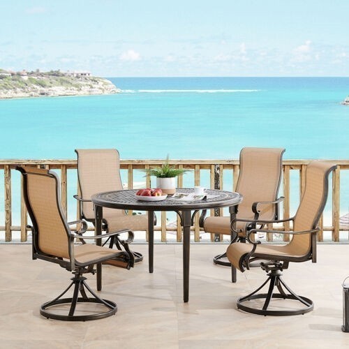 HANOVER BRIGDN5PCSWRD BRIGANTINE 5-PIECE OUTDOOR DINING SET WITH 4 CONTOURED-SLING SWIVEL ROCKERS AND A 50 INCH ROUND CAST-TOP TABLE