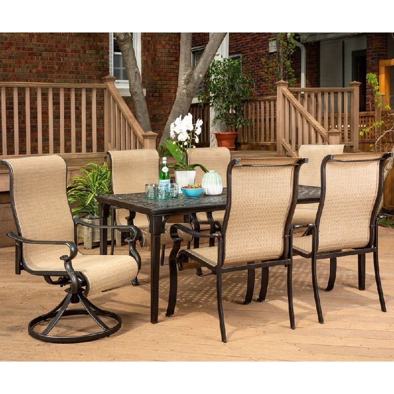 HANOVER BRIGDN7PCSW-2 BRIGANTINE 7-PIECE DINING SET WITH 40 INCH X 70 INCH CAST-TOP DINING TABLE, 2 SLING SWIVEL ROCKERS AND 4 SLING DINING CHAIRS