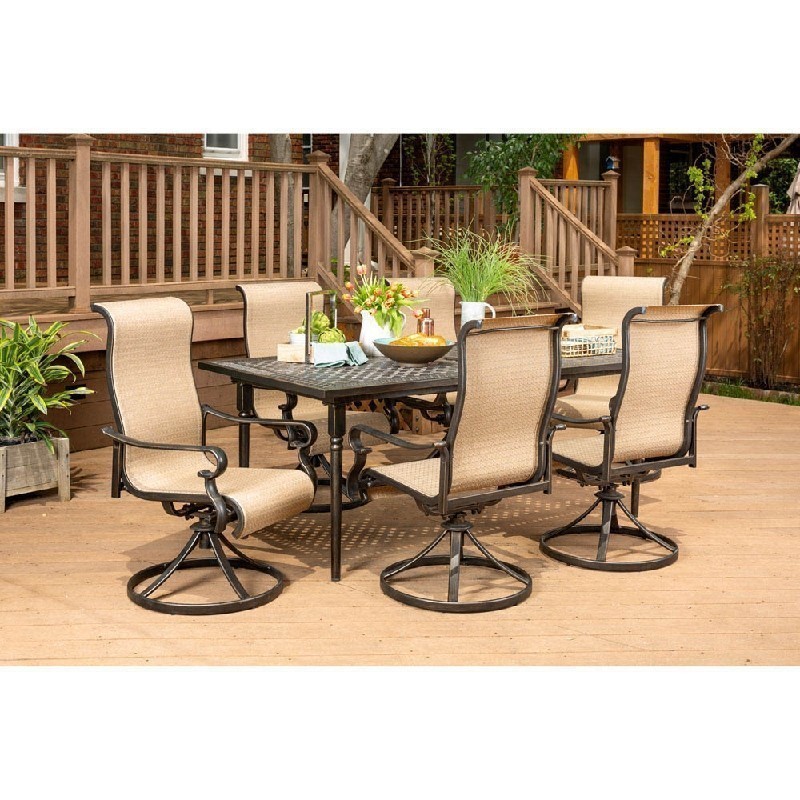 HANOVER BRIGDN7PCSW6-EX BRIGANTINE 7-PIECE DINING SET WITH EXPANDABLE CAST-TOP DINING TABLE AND 6 SLING SWIVEL ROCKERS