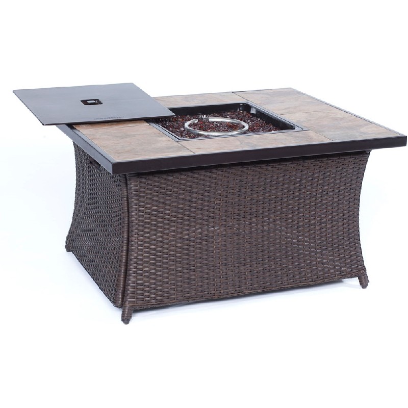 HANOVER COFFEETBLFP-TILE WOVEN 43 7/8 INCH RECTANGLE COFFEE TABLE FIRE PIT WITH PORCELAIN TILE TOP
