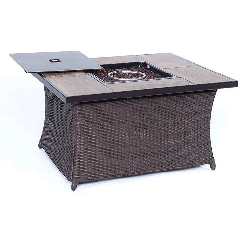 HANOVER COFFEETBLFP-WG WOVEN 43 7/8 INCH RECTANGLE COFFEE TABLE FIRE PIT WITH WOODGRAIN TILE TOP