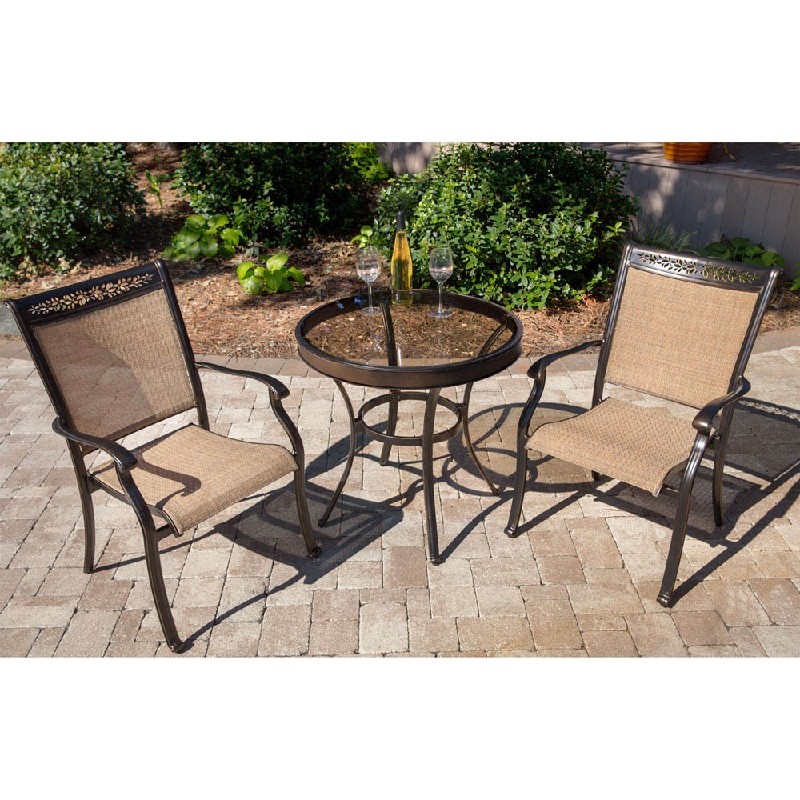 HANOVER FNTDN3PCG FONTANA 3-PIECE BISTRO SET WITH 2 SLING CHAIRS AND 30 INCH GLASS-TOP TABLE