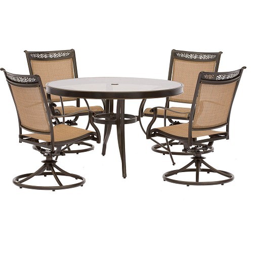 HANOVER FNTDN5PCSWG FONTANA 5-PIECE OUTDOOR DINING SET WITH 4 SLING SWIVEL ROCKERS AND 48 INCH ROUND GLASS-TOP DINING TABLE - OIL-RUBBED BRONZE