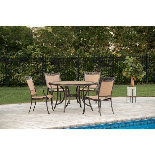 HANOVER FNTDN5PCTN FONTANA 5-PIECE OUTDOOR DINING SET WITH 4 SLING-BACK DINING CHAIRS AND 51 INCH TILE -TOP DINING TABLE - OIL-RUBBED BRONZE