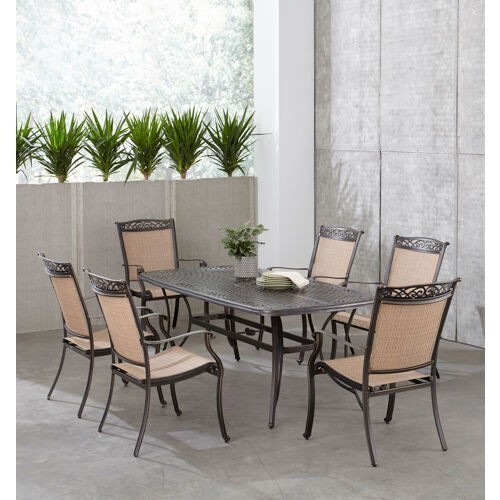 HANOVER FNTDN7PCC FONTANA 7-PIECE OUTDOOR DINING SET WITH 6 SLING CHAIRS AND 38 INCH X 72 INCH CAST-TOP TABLE - OIL-RUBBED BRONZE