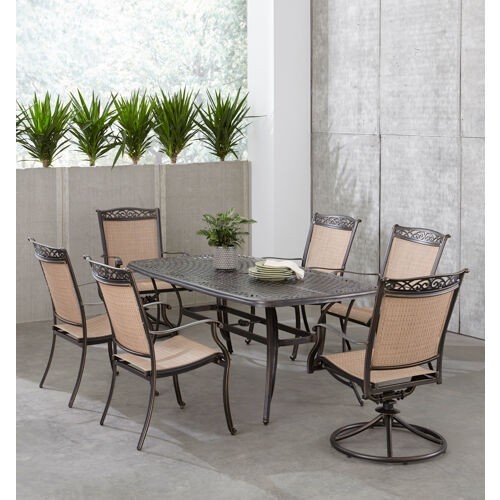 HANOVER FNTDN7PCSW2C FONTANA 7-PIECE OUTDOOR DINING SET WITH 2 SLING SWIVEL ROCKERS, 4 SLING CHAIRS AND 38 INCH X 72 INCH CAST-TOP TABLE - OIL-RUBBED BRONZE