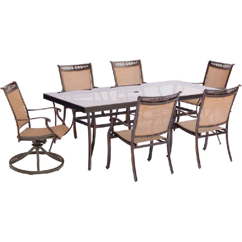 HANOVER FNTDN7PCSWG-2 FONTANA 7-PIECE OUTDOOR DINING SET WITH 4 STATIONARY DINING CHAIRS, 2 SWIVEL ROCKERS AND EXTRA-LARGE GLASS-TOP DINING TABLE - OIL-RUBBED BRONZE