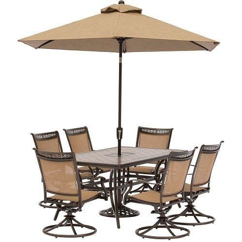 HANOVER FNTDN7PCSWTN-SU FONTANA 7-PIECE OUTDOOR DINING SET WITH 6 SWIVEL ROCKING CHAIRS AND LARGE TILE-TOP DINING TABLE WITH 9 FEET UMBRELLA AND STAND - OIL-RUBBED BRONZE