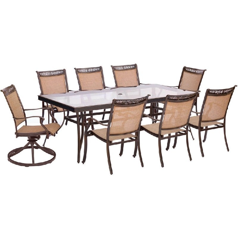 HANOVER FNTDN9PCSWG-2 FONTANA 9-PIECE DINING SET WITH SIX STATIONARY DINING CHAIRS, TWO SWIVEL ROCKERS AND EXTRA LARGE GLASS-TOP DINING TABLE - OIL-RUBBED BRONZE