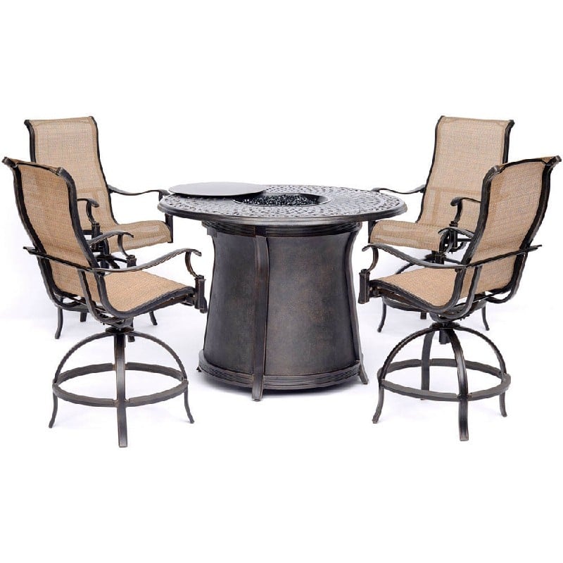 HANOVER MAN5PCFPRD-BR MANOR 5-PIECE HIGH-DINING SET IN TAN WITH 4 SWIVEL CHAIRS AND 40,000 BTU CAST-TOP FIRE PIT TABLE