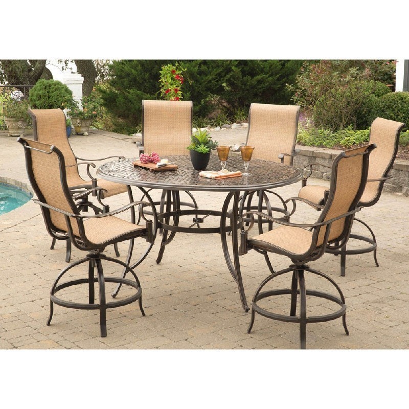 HANOVER MANDN7PC-BR MANOR 7-PIECE HIGH-DINING SET WITH 6 CONTOURED SWIVEL CHAIRS AND 56 INCH CAST-TOP TABLE