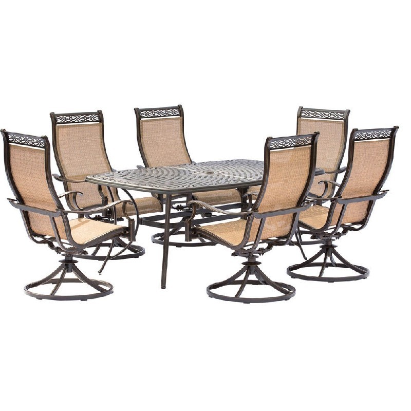 HANOVER MANDN7PCSW-6 MANOR 7-PIECE OUTDOOR DINING SET WITH SIX SWIVEL ROCKERS AND LARGE CAST-TOP DINING TABLE