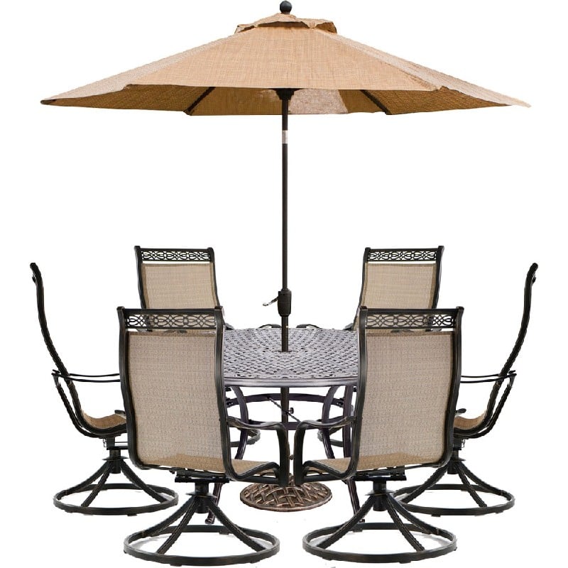 HANOVER MANDN7PCSWRD6-SU MANOR 7-PIECE OUTDOOR DINING SET WITH SIX SWIVEL ROCKERS, LARGE 60 INCH CAST-TOP DINING TABLE AND 9 FEET TABLE UMBRELLA WITH STAND