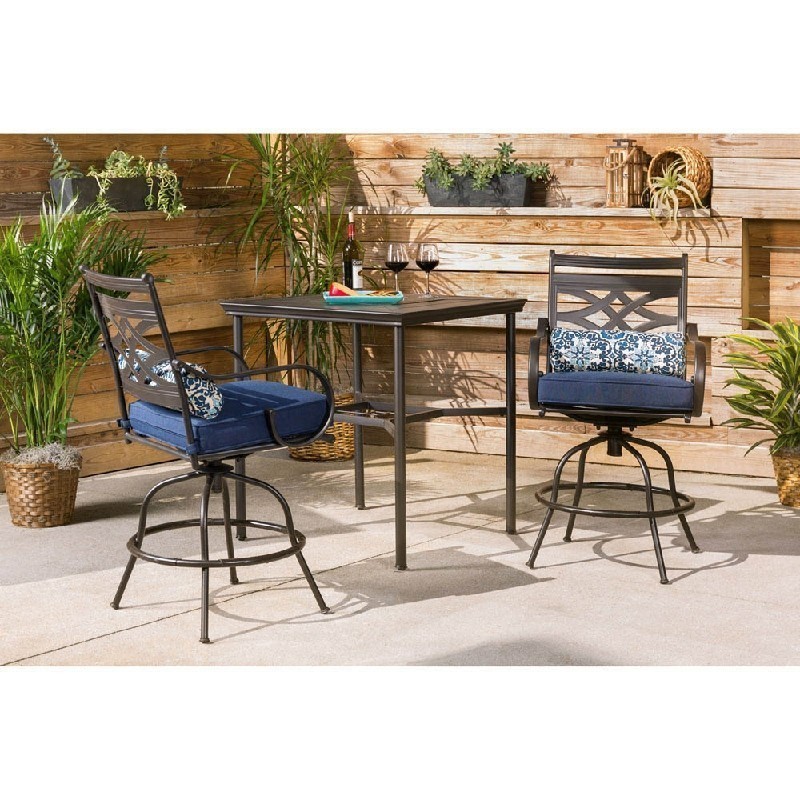 HANOVER MCLRDN3PCBRSW2-NVY MONTCLAIR 3-PIECE HIGH-DINING SET WITH 2 SWIVEL CHAIRS AND 33 INCH SQUARE TABLE - NAVY BLUE