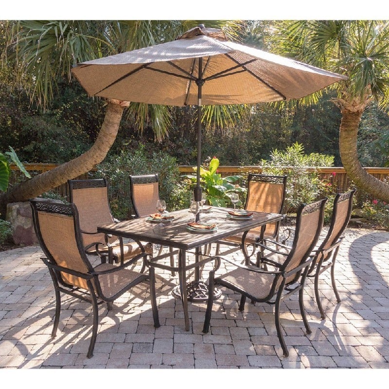 HANOVER MONDN7PC-SU MONACO 7-PIECE DINING SET WITH 9 FEET TABLE UMBRELLA WITH STAND - OIL RUBBED BRONZE