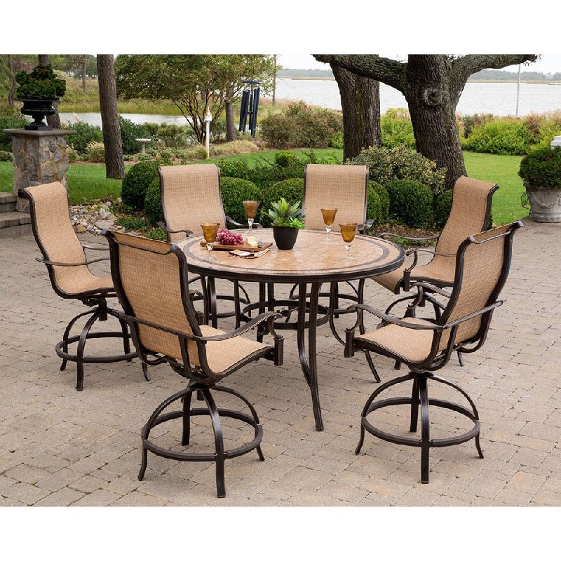 HANOVER MONDN7PCBR MONACO 7-PIECE HIGH-DINING SET WITH 6 CONTOURED SWIVEL CHAIRS AND 56 INCH TILE-TOP TABLE - OIL-RUBBED BRONZE