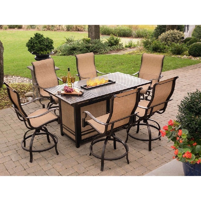 HANOVER MONDN7PCFP-BR MONACO 7-PIECE HIGH-DINING SET WITH 6 SWIVEL ROCKERS AND 30,000 BTU FIRE PIT TABLE - OIL-RUBBED BRONZE