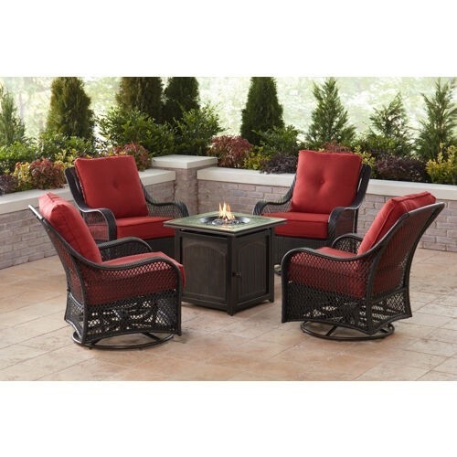 HANOVER ORL5PCFPSQ ORLEANS 5-PIECE FIRE PIT CHAT SET WITH 4 WOVEN SWIVEL GLIDERS AND 26 INCH SQUARE FIRE PIT TABLE