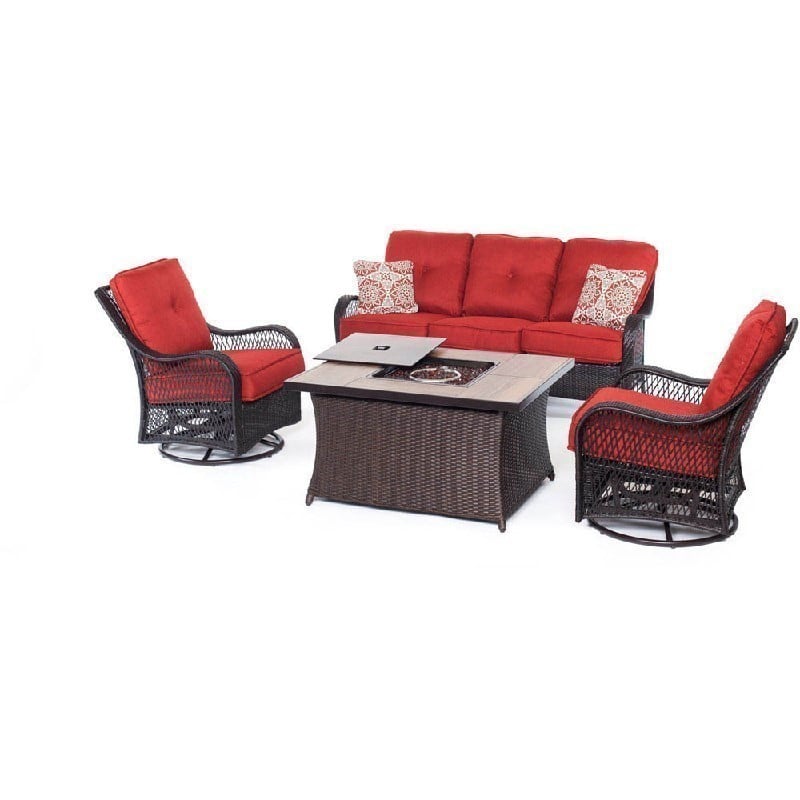 HANOVER ORLEANS4PCFP-BRY-A ORLEANS 4-PIECE WOVEN LOUNGE SET WITH GLAZED FAUX-WOOD TILES FIRE PIT TABLE IN AUTUMN BERRY, MELROSE PILLOW PATTERN